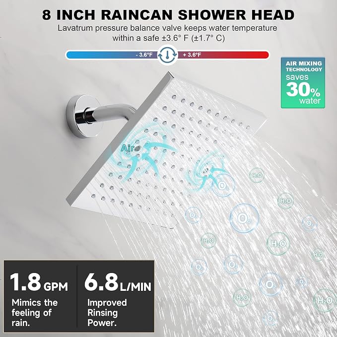 Lavatrum 8-Inch Square Rainfall Shower Head – High Pressure Chrome Showerhead with 360° Adjustable Angle & Anti-Clog Silicone Nozzles