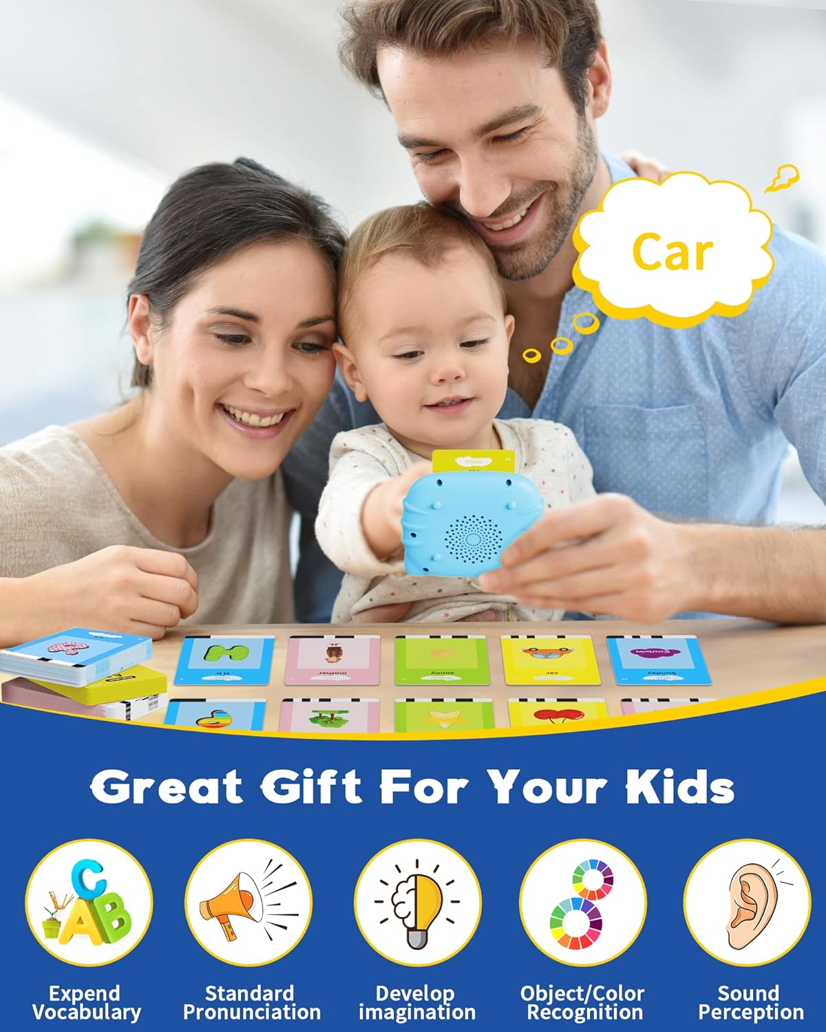 Shiningstone Talking Flash Cards 224 Words Cat Blue Speech Therapy Learning Toy for Toddlers