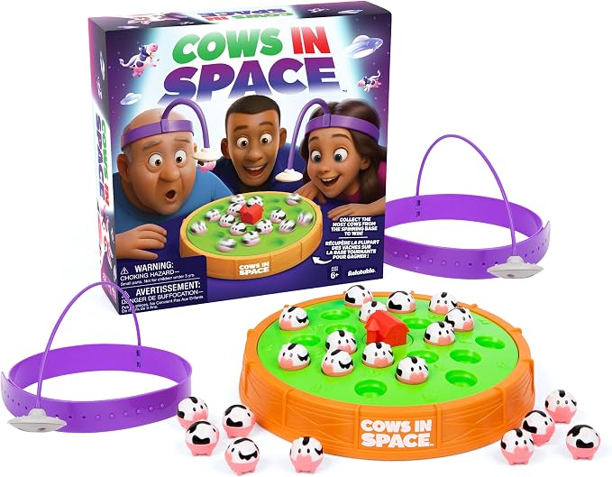 Cows in Space Bilingual English/French Kids Party Game – 2-Player Magnetic UFO Headband Cow Abduction Game Ages 6+