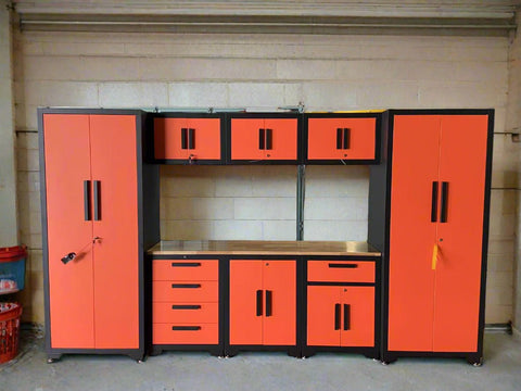 9 - Piece Garage Workbench & Cabinet Set – Heavy - Duty Modular Tool Storage System - with Orange 1189OS | Sold by Uncle Wiener's Wholesale