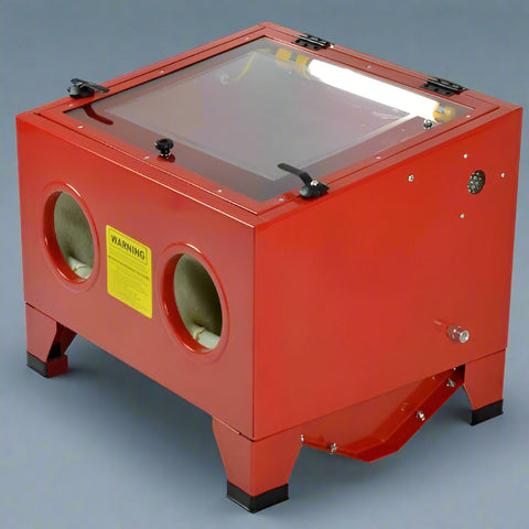 Red 90L benchtop sandblasting cabinet with viewing window, glove ports, and built-in light