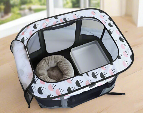 XL foldable dog crate with mesh windows and roll-up door
Portable pet house crate with removable top skylight
Indoor and outdoor soft pet kennel setup
Folded dog crate for easy storage and travel
Cat and dog resting in mesh pet crate
