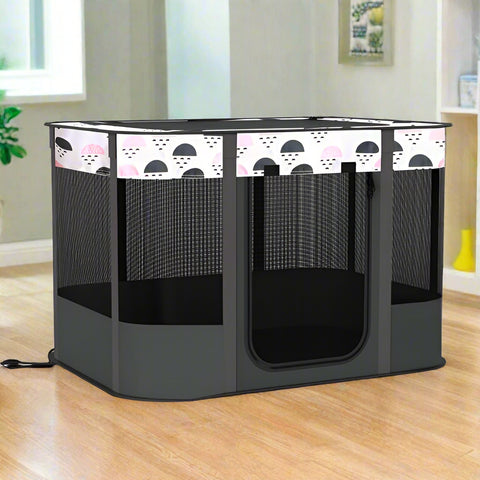 XL foldable dog crate with mesh windows and roll-up door
Portable pet house crate with removable top skylight
Indoor and outdoor soft pet kennel setup
Folded dog crate for easy storage and travel
Cat and dog resting in mesh pet crate