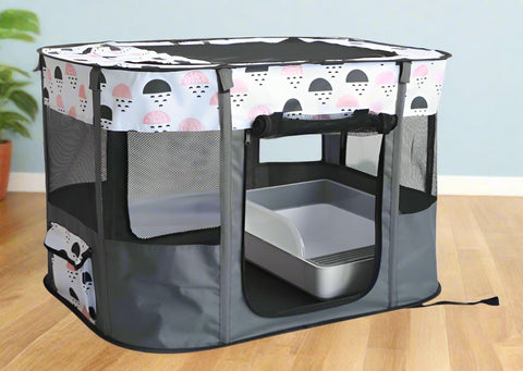 XL foldable dog crate with mesh windows and roll-up door
Portable pet house crate with removable top skylight
Indoor and outdoor soft pet kennel setup
Folded dog crate for easy storage and travel
Cat and dog resting in mesh pet crate