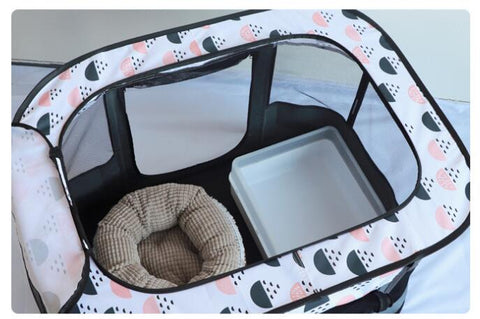 XL foldable dog crate with mesh windows and roll-up door
Portable pet house crate with removable top skylight
Indoor and outdoor soft pet kennel setup
Folded dog crate for easy storage and travel
Cat and dog resting in mesh pet crate