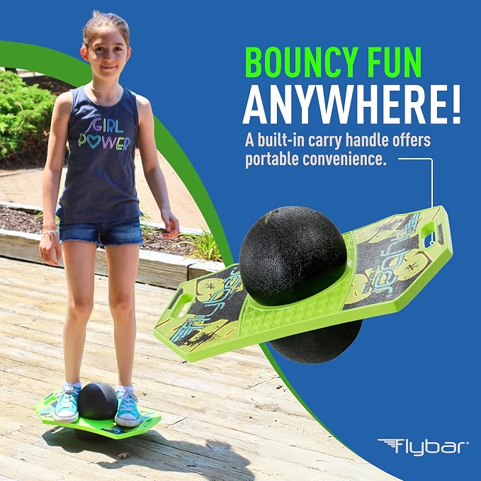 Flybar Pogo Trick Ball Balance Board for Kids – Anti-Slip Bounce Board with Pump, Indoor & Outdoor Toy, Ages 6+, Green Mean