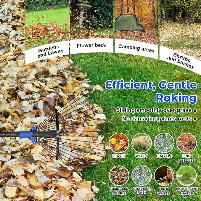 Adjustable Garden Leaf Rake Set – Telescopic Metal Yard Rakes for Leaves, Lawn, Flower Beds & Shrubs
