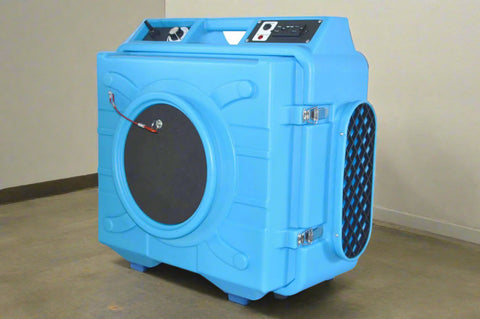 500 CFM HEPA air scrubber for industrial and restoration use
Blue air purifier with 3-stage filtration and duct ports
Portable HEPA air scrubber with handle and GFCI outlet
Side view of HEPA air scrubber with intake filter panel
Top control panel of air cleaner with variable speed settings