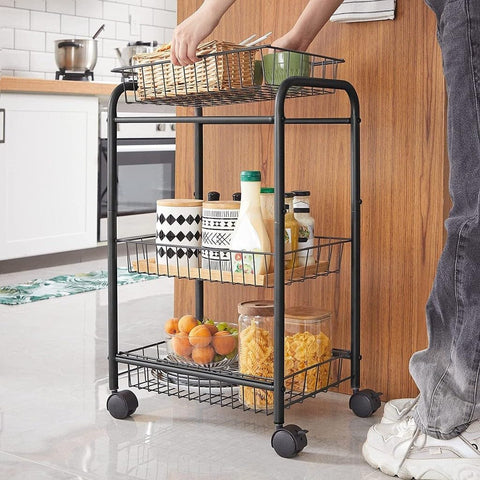 Black 3-Tier Metal Rolling Storage Cart with Removable Mesh Baskets and Locking Wheels – Kitchen & Home Organizer