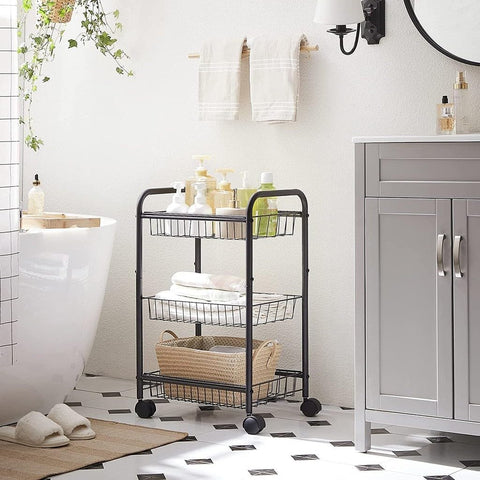 Black 3-Tier Metal Rolling Storage Cart with Removable Mesh Baskets and Locking Wheels – Kitchen & Home Organizer