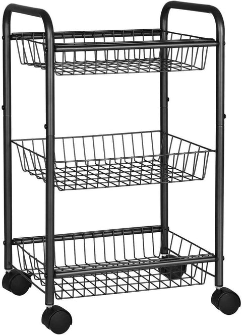 Black 3-Tier Metal Rolling Storage Cart with Removable Mesh Baskets and Locking Wheels – Kitchen & Home Organizer