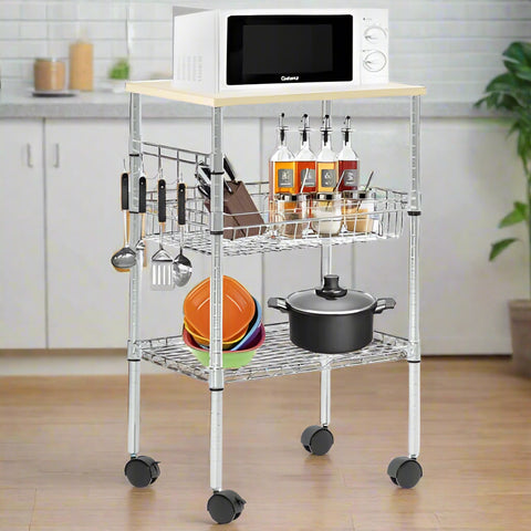 Chrome 3-tier microwave cart with wheels in kitchen
Adjustable kitchen utility cart with chrome finish
Rolling steel storage cart with microwave and shelves
Mobile cart with food and appliances in kitchen setting
Compact kitchen organizer cart with lockable wheels
Easy-to-assemble chrome steel utility cart