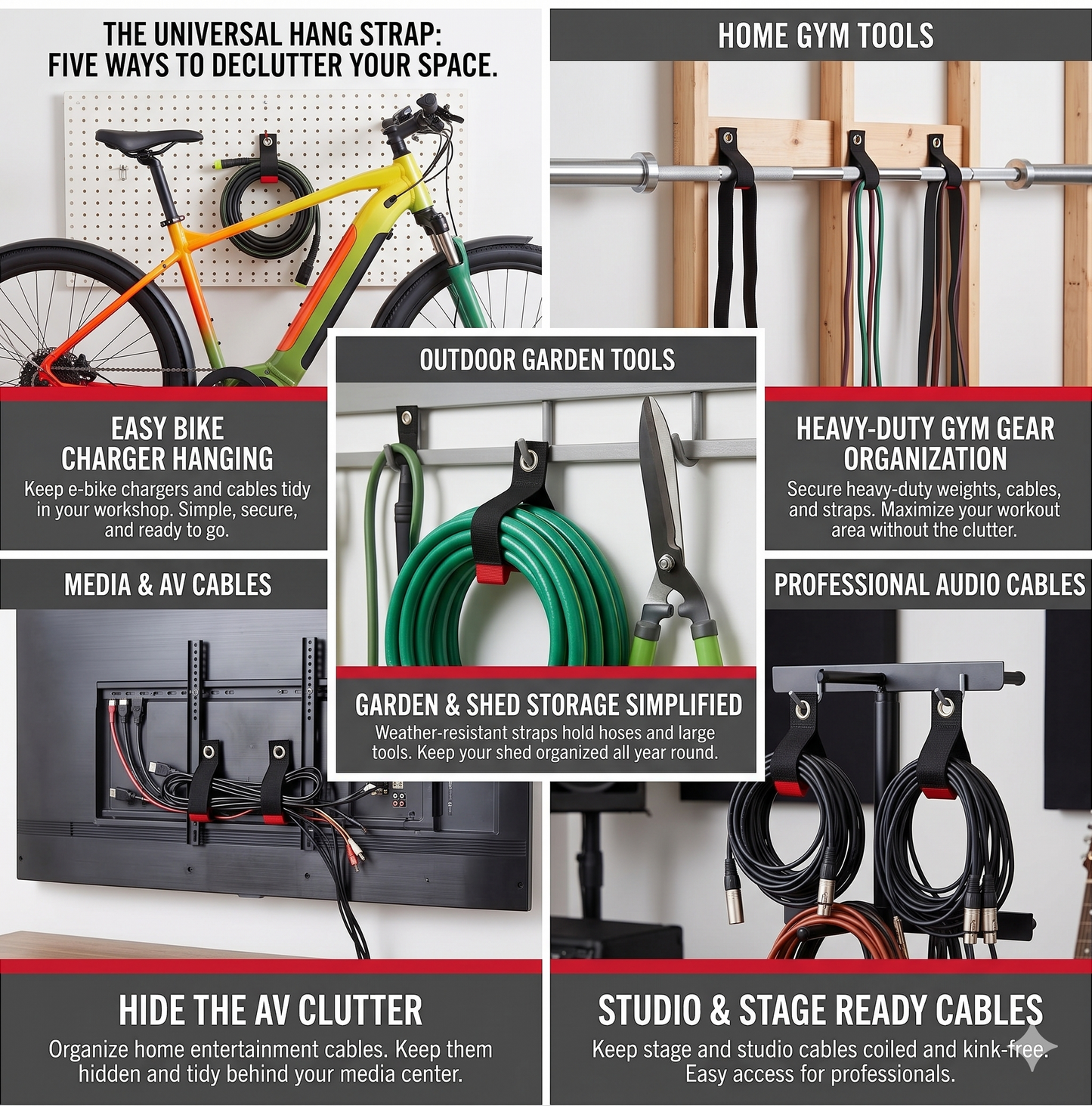 Hang Extension Cord Holder Organizer 3-Pack 10", 14" & 18" Heavy Duty Black Straps CH0315