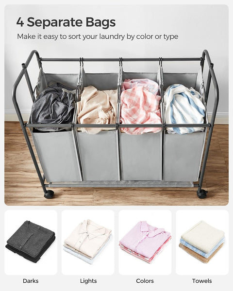4-bag laundry sorter with hanging rail front view
laundry cart in modern laundry room
removable hanging laundry bags
side view of laundry hamper with wheels
hanging clothes on laundry rail