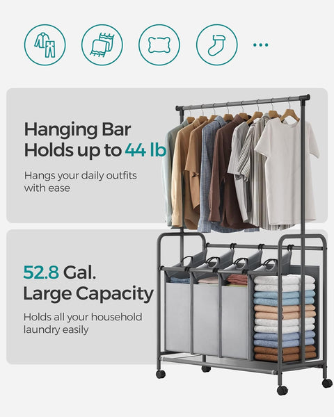 4-bag laundry sorter with hanging rail front view
laundry cart in modern laundry room
removable hanging laundry bags
side view of laundry hamper with wheels
hanging clothes on laundry rail