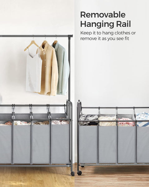 4-bag laundry sorter with hanging rail front view
laundry cart in modern laundry room
removable hanging laundry bags
side view of laundry hamper with wheels
hanging clothes on laundry rail
