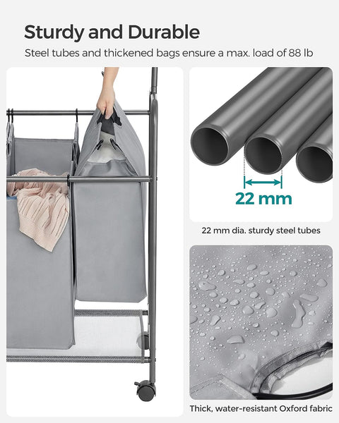 4-bag laundry sorter with hanging rail front view
laundry cart in modern laundry room
removable hanging laundry bags
side view of laundry hamper with wheels
hanging clothes on laundry rail