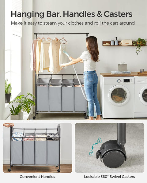 4-bag laundry sorter with hanging rail front view
laundry cart in modern laundry room
removable hanging laundry bags
side view of laundry hamper with wheels
hanging clothes on laundry rail