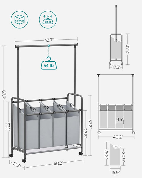4-bag laundry sorter with hanging rail front view
laundry cart in modern laundry room
removable hanging laundry bags
side view of laundry hamper with wheels
hanging clothes on laundry rail