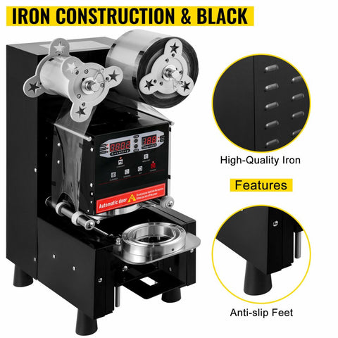 Commercial automatic bubble tea cup sealer front view
Side view of AC-powered boba cup sealing machine
Fully assembled sealing machine with control panel
Cup sealing process in progress
Commercial tea shop setup with sealing machine