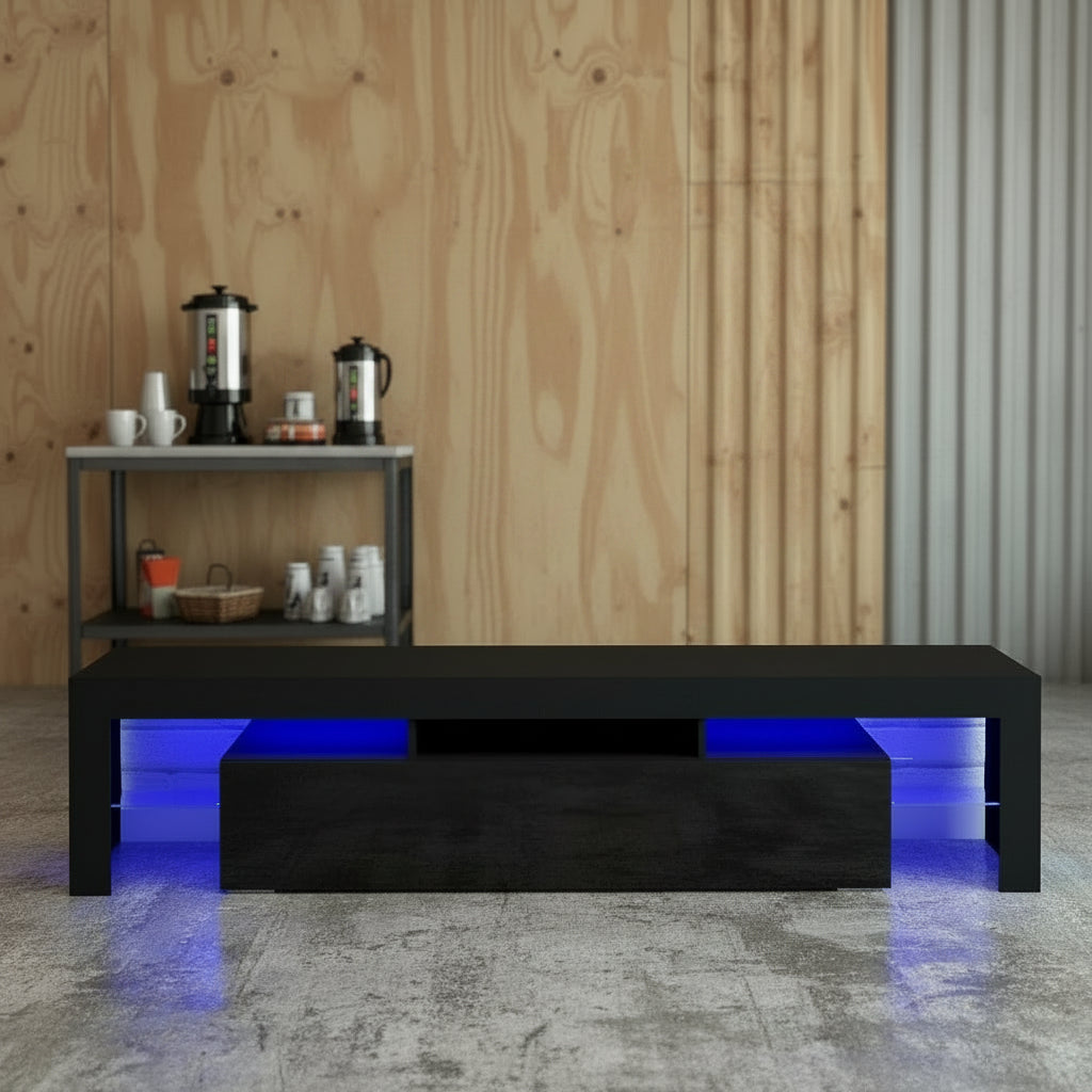 High Gloss White LED TV Stand with Remote Lighting and Storage Shelves for Modern Living Rooms