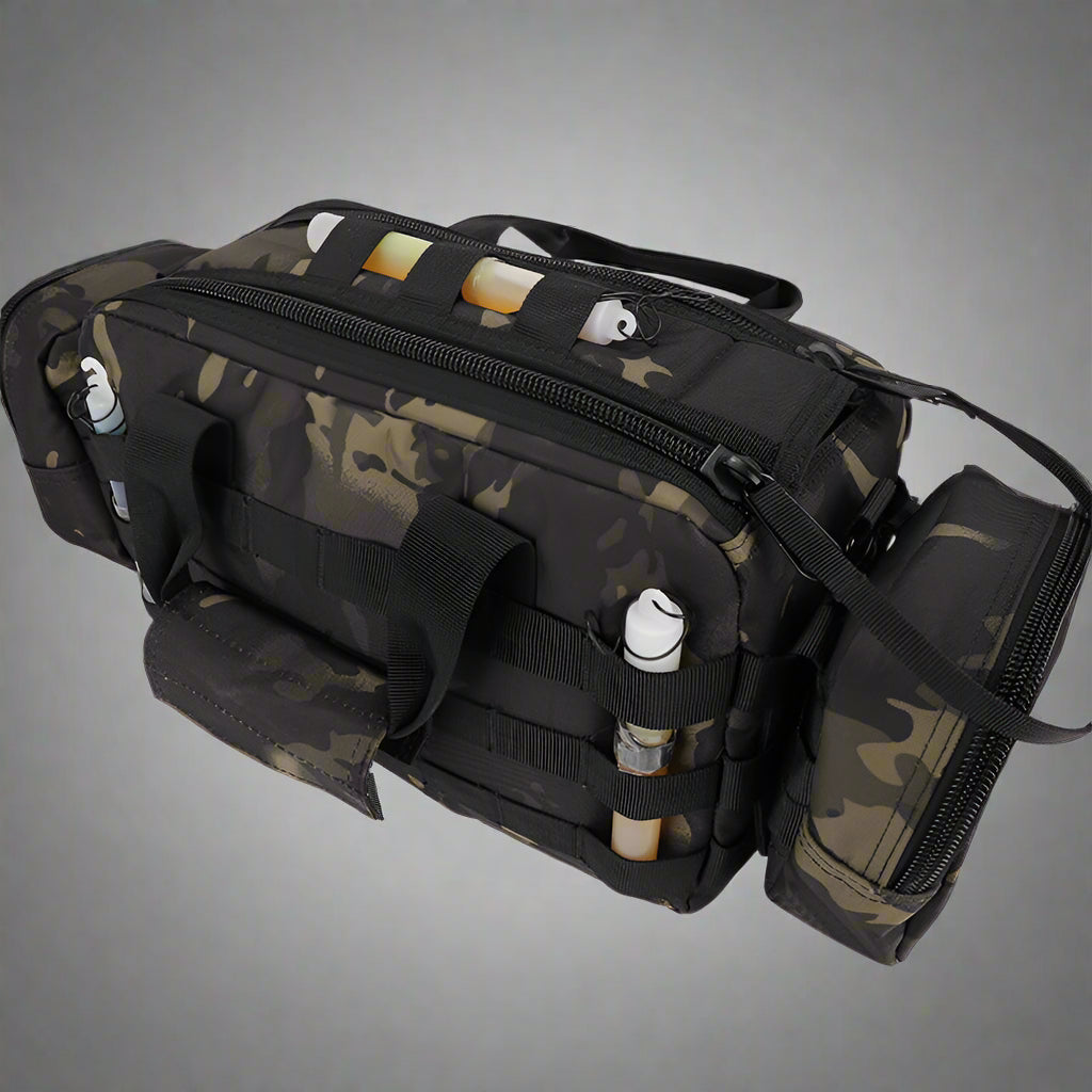 Black tactical backpack front view with MOLLE system and straps
Compact hiking backpack for camping and survival gear
Side view of military tactical backpack with rugged zippers
Outdoor travel backpack with padded shoulder straps
MOLLE-compatible tactical bag for hiking, trekking, and everyday use