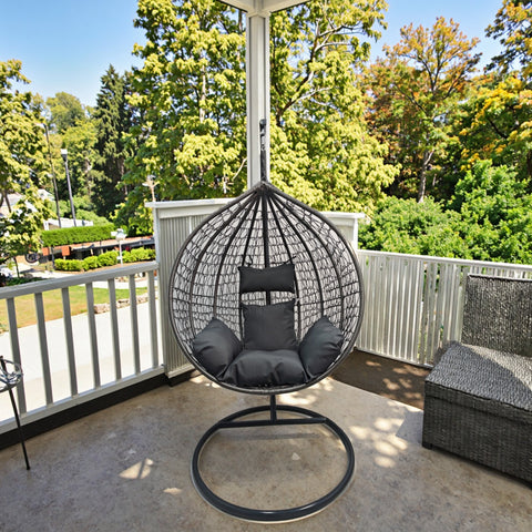 Egg Chair Swing on Patio with Gray Cushion
Hanging Egg Chair with Stand – Outdoor Setup
Egg Chair Basket Frame Close-Up
Dark Gray Cushion Detail
Indoor Setup of Egg Hammock Chair