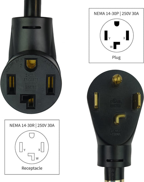 A2 Energy 10FT NEMA 14-30 EV extension cord
Heavy-duty dryer cord with 4-prong plug
A2 Energy EV charger compatible cable layout