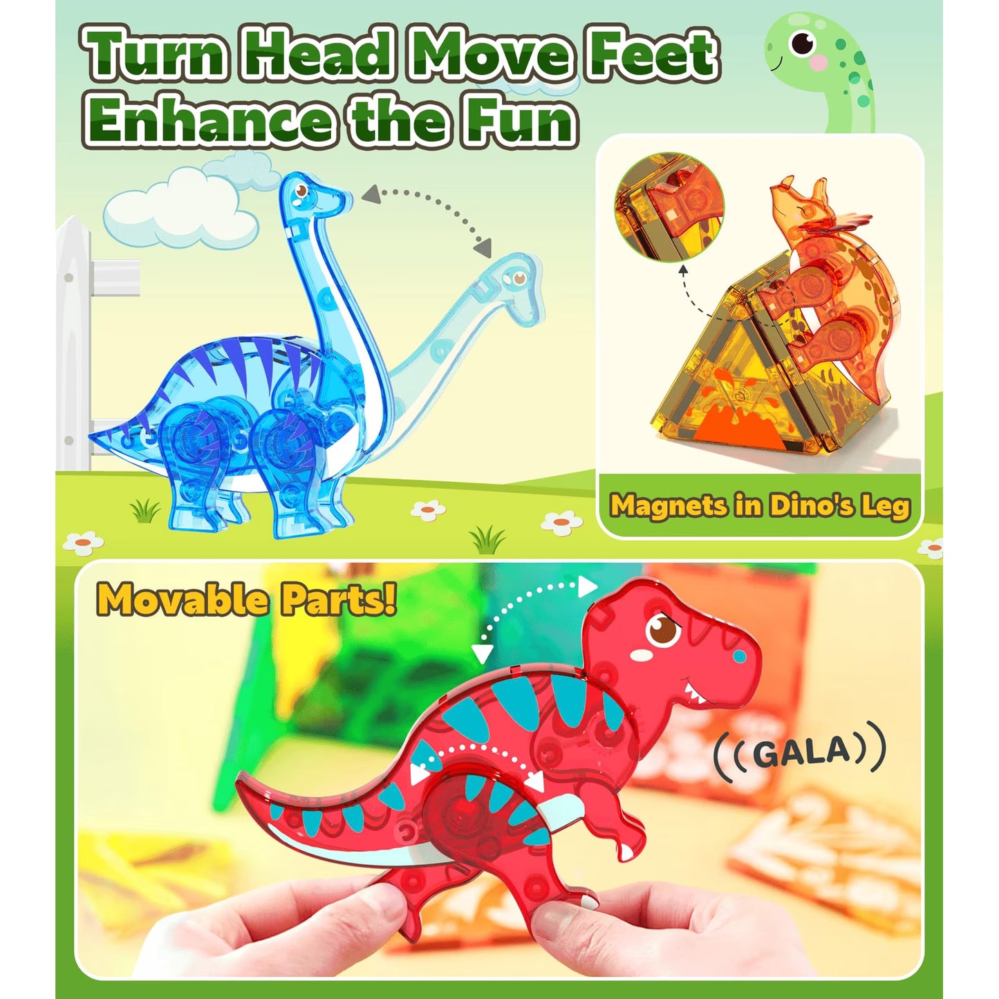 Asago Dinosaur Magnetic Tiles 65-Piece Building Set – STEM Magnetic Construction Blocks with 5 Dinosaur Figures for Kids