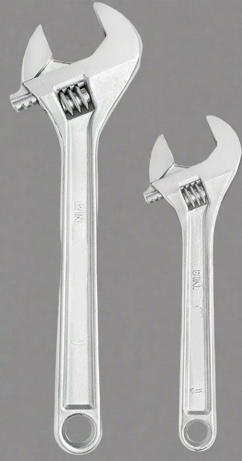 2-piece adjustable wrench set showing 8-inch and 12-inch wrenches with chrome finish