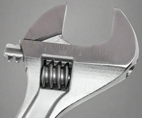 Close-up of adjustable crescent wrench wide-opening jaw and chrome polished surface