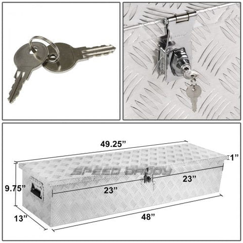 “Diamond plate aluminum underbody truck tool box with dual locks”
• “Weatherproof underbody truck tool storage box mounted under trailer”