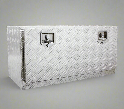 “Diamond plate aluminum underbody truck tool box with dual locks”
• “Weatherproof underbody truck tool storage box mounted under trailer”