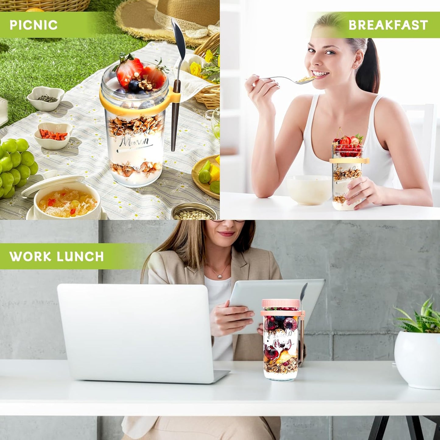 ANOTION Overnight Oats Glass Containers – 24oz Mason Jar Meal Prep Set with Lids, Spoons & Straws, 4 Pack - Home products with | Sold by Uncle Wiener's Wholesale