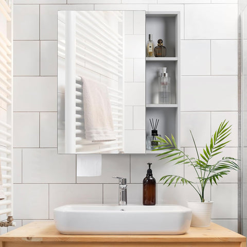 White wall-mounted aluminum bathroom mirror cabinet with shelves and towel holder – ANTIS’S HOME