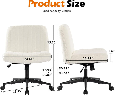 Armless Wide Office Chair with Wheels Crossleg Office Chair 120° Rocking Mid Back White Sherpa Ergonomic Computer Task Chairs for Make Up - with | Sold by Uncle Wiener's Wholesale