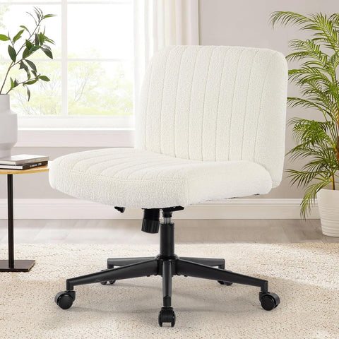 Armless Wide Office Chair with Wheels Crossleg Office Chair 120° Rocking Mid Back White Sherpa Ergonomic Computer Task Chairs for Make Up - with | Sold by Uncle Wiener's Wholesale