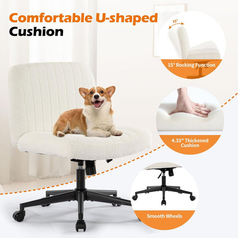 Armless Wide Office Chair with Wheels Crossleg Office Chair 120° Rocking Mid Back White Sherpa Ergonomic Computer Task Chairs for Make Up - with | Sold by Uncle Wiener's Wholesale