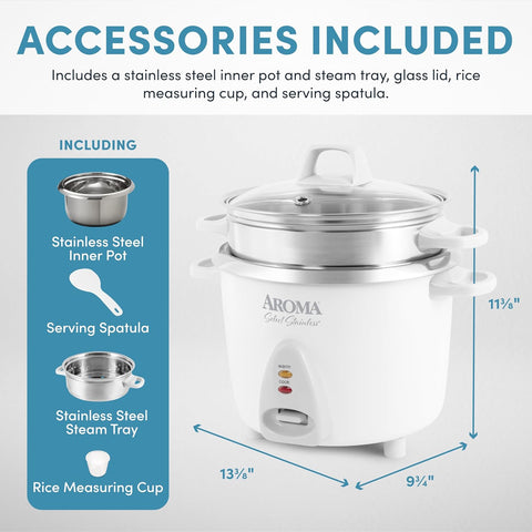 Aroma Housewares 14 - Cup (Cooked) / 3Qt. Select Stainless Pot - Style Rice Cooker, & Food Steamer, One - Touch Operation, Automatic Keep Warm Mode, White (ARC - 757 - 1SG) - with | Sold by Uncle Wiener's Wholesale