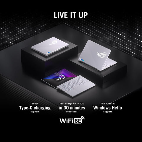 Moonlight White ASUS Zephyrus G14 gaming laptop with accessories