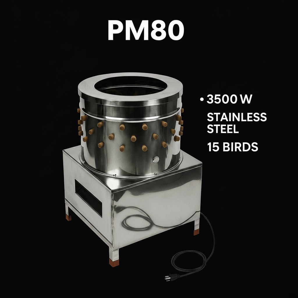 PM60 stainless steel automatic chicken plucker with top view
Inside of poultry plucker showing rubber fingers
PM80 large-capacity chicken plucker with waterproof housing
Stainless steel feather remover for farm use
Control box and motor housing on automatic chicken plucker