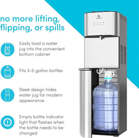 Avalon bottom load water dispenser with stainless steel finish – front view
3 temperature water dispenser – Avalon bottom load cooler with nightlight
Self-cleaning Avalon water dispenser – UL/Energy Star certified
Hot, cold, and room temperature Avalon dispenser – with child safety lock