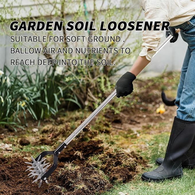BARAYSTUS Rotary Garden Cultivator Tool – Adjustable 57-Inch Manual Hand Tiller with Stainless Steel Handle & 4 Star Wheels for Soil Aeration, Weeding, Planting & Lawn Reseeding - Garden & Landscaping with | Sold by Uncle Wiener's Wholesale