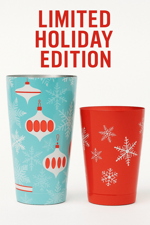 Barfly Holiday Ornaments Cocktail Shaker Tin Set – 28oz & 18oz Stainless Steel | Open Box - 2 - Piece Cocktail Shaker Tin Set with Holiday Ornaments | Sold by Uncle Wiener's Wholesale