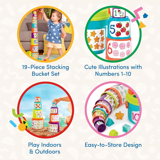 Battat Sort & Stack Educational Stacking Cups & Shape Sorter – 19-Piece Toddler Learning Toy with Numbers, Colours & Shapes - Toys with | Sold by Uncle Wiener's Wholesale
