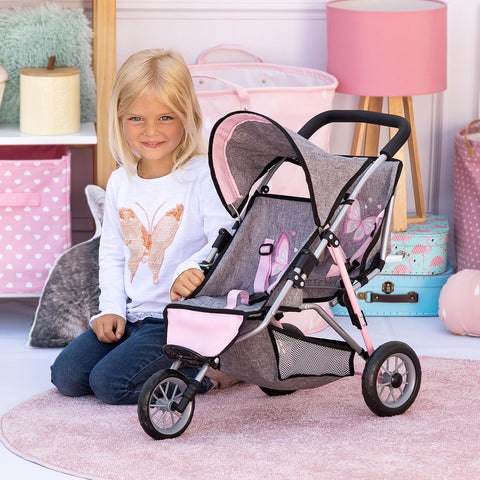 Bayer - Twin Dolls Pram Duo Grey Pink Butterfly - Double Stroller for Dolls, Sun Canopy, Security Belt - Dolls Up to 18” - Age 3+ - 39133AA - with | Sold by Uncle Wiener's Wholesale