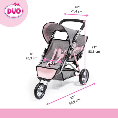 Bayer - Twin Dolls Pram Duo Grey Pink Butterfly - Double Stroller for Dolls, Sun Canopy, Security Belt - Dolls Up to 18” - Age 3+ - 39133AA - with | Sold by Uncle Wiener's Wholesale