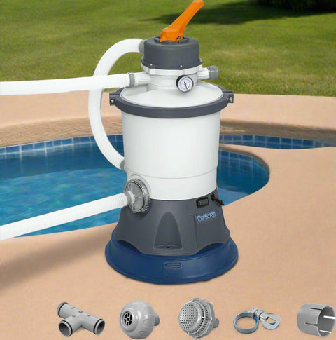 Bestway Flowclear sand filter pump for above-ground pools – front view
Pool pump with strainer basket and clamp system – Model 58516
Above-ground pool filter pump system in use with pool setup