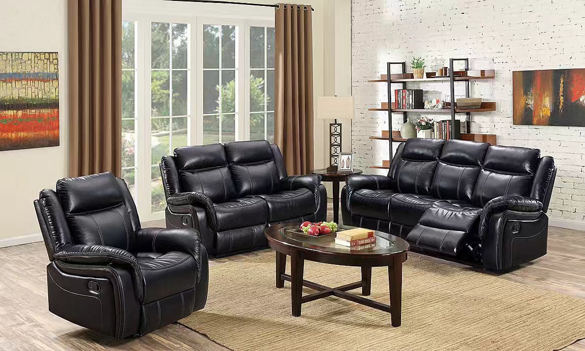 Black Air Leather Reclining Sofa Set 3-2-1 with Sofa, Loveseat & Recliner Chair FF6025 - with | Sold by Uncle Wiener's Wholesale