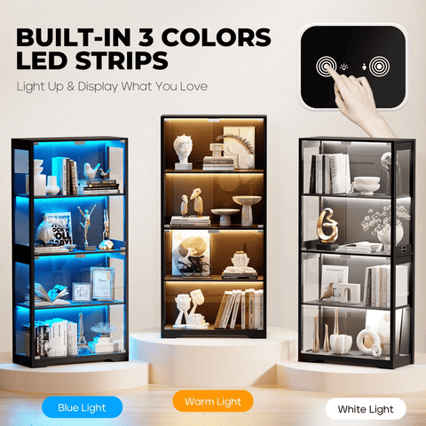 Black Glass Display Cabinet with LED Lights & Motion Sensor – 4 - Tier Curio Cabinet for Collectibles and Storage BC037 - with | Sold by Uncle Wiener's Wholesale